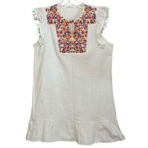 Kirundo Womens White Embroidered Mini Dress Pom Pom Ruffle Sleeve Cottagecore L